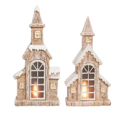 Transpac Resin Light Up Snowy Steeple Set Of 2 Christmas Decor In Brown