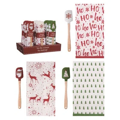 Transpac Rubber 12.2 In. Multicolor Christmas Spatula And Tea Towel Gift Display Set Of 12 In White;green;red