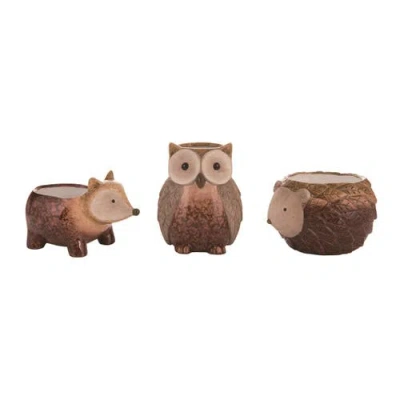 Transpac Set Of 3 Ceramic Hedgehog Owl Fox Planters Fall Decor In Brown