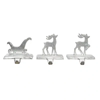 Transpac Set Of 3 Metal Reindeer/sleigh Stocking Holder In Silver