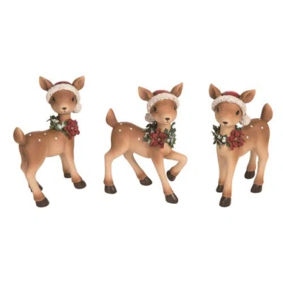 Transpac Set Of 3 Resin Deer Figurines With Santa Hats Holiday Decor In Brown
