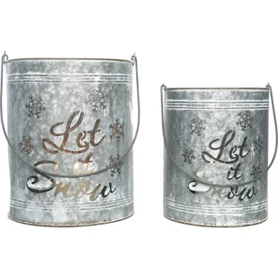 Transpac Silver Christmas Let It Snow Bucket Lanterns Set Of 2 Metal In Gray