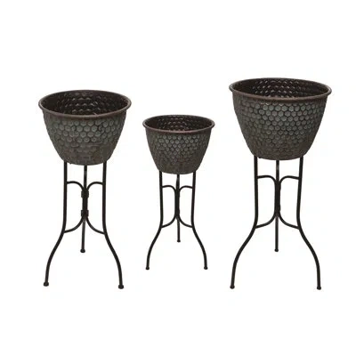Transpac Spring Standing Hammered 3-piece Metal Pot Planter Set With Trellis In Gray