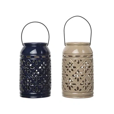 Transpac Stoneware Flower Lantern Set Of 2 Spring Home Decorations In Black