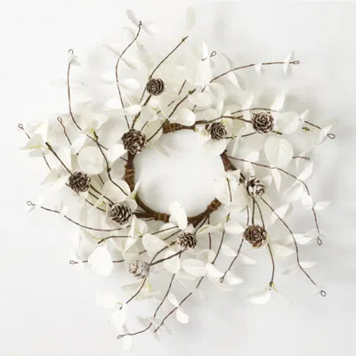 Transpac Sullivan's Christmas Eucalyptus Cone Candle Ring, White Faux Floral Decor For Crafting, Wed