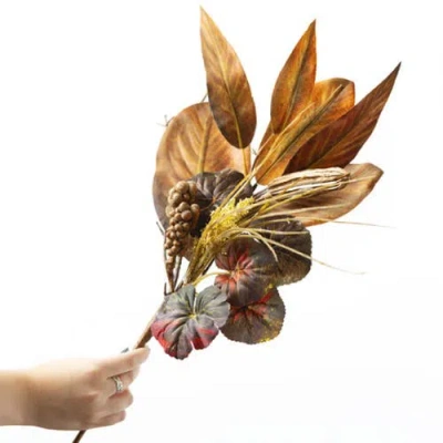 Transpac Sullivan's Christmas Mixed Magnolia Leaf Pick, Brown Faux Floral Stem For Crafting, Wedding