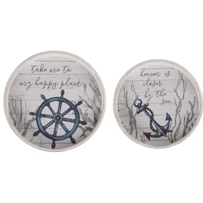 Transpac Wood 15.75 Inch Blue Spring Coastal Nested Trays Set Of 2 Decorative Trays And Platters For