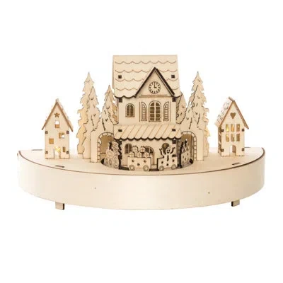Transpac Wood 9.8 In. Multicolor Christmas Laster Cut Village Motion With Music In White;black