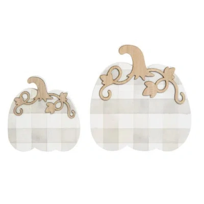 Transpac Wood Multicolored Harvest Light Plaid Pumpkin Decor Set Of 2 In White