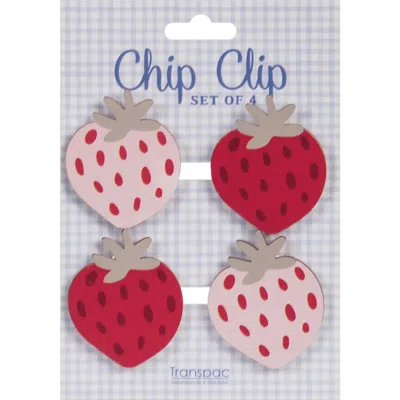 Transpac Wood Strawberry Bag Clips Set Of 4 Multicolored For Spring Kitchen Storage And Decor