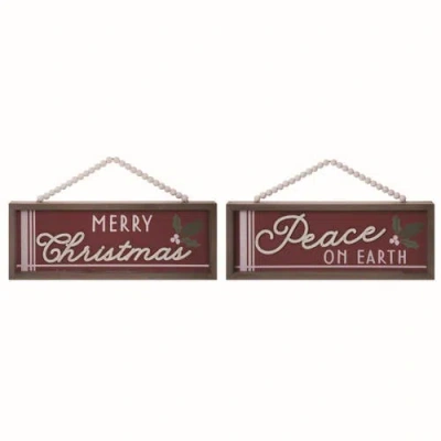 Transpac Wood Ticking Stripe Beaded Hanger Set Of 2 Christmas Decor In Multi