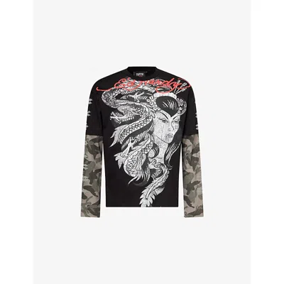Trapstar Mens  X Ed Hardy Medusa Long-sleeve Cotton Top Black White In Multi