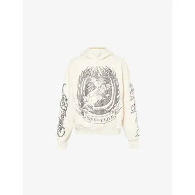 Trapstar Mens Cream  X Ed Hardy Diamante Relaxed-fit Cotton-blend Hoodie In White