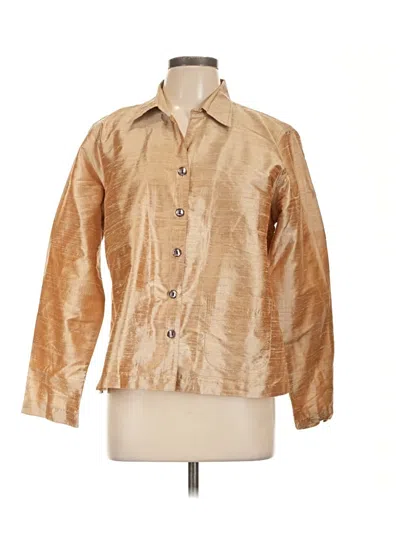 Pre-owned Travelsmith Long Sleeve Silk Top Gold Metallic Pattern Mock Neckline Tops