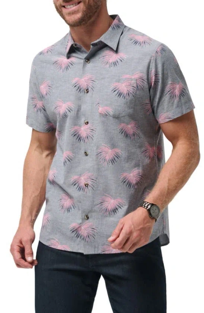 Travis Mathew Tip Me Over Leaf Print Short Sleeve Stretch Button-up Shirt In Heather Total Eclips