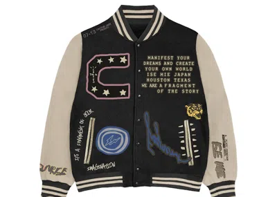 Pre-owned Travis Scott Cactus Jack For Fragment Manifest Letterman Jacket In Brown/cream