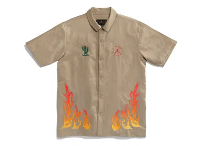 Pre-owned Travis Scott Men's  Cactus Jack X Jordan Button Down Shirt In Khaki/university Red