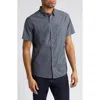 Travismathew Across The Pond Geo Print Short Sleeve Stretch Button-up Shirt In Heather Black