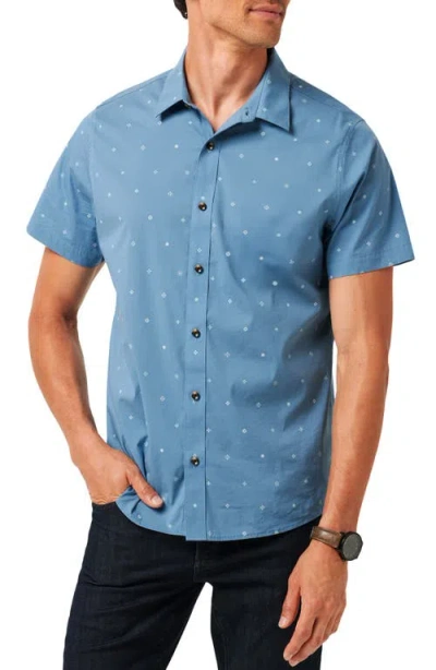 Travismathew Per Aspera Mixed Medallion Short Sleeve Stretch Button-up Shirt In Captains Blue
