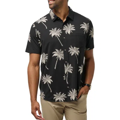 Travismathew Safari Sun Palm Tree Print Short Sleeve Stretch Button-up Shirt In Black