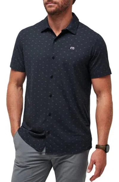 Travismathew Set A Course Geo Print Knit Short Sleeve Button-up Shirt In Total Eclipse