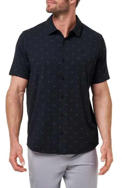 Travismathew Shore Of It Geo Print Short Sleeve Button-up Knit Shirt In Blue