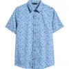 Travismathew Something New Floral Short Sleeve Stretch Cotton Blend Button-up Shirt In Heather Captains Blue