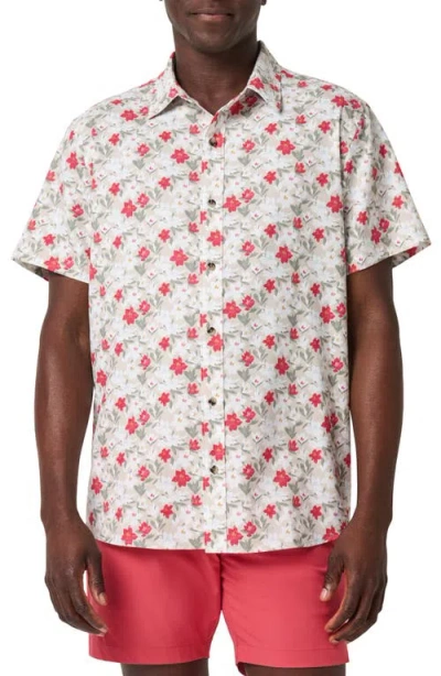 Travismathew Techwoven Fairway Floral Short Sleeve Performance Button-up Shirt In White