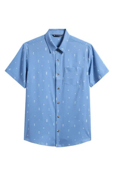 Travismathew Techwoven Waves Geo Print Short Sleeve Performance Button-up Shirt In Blue