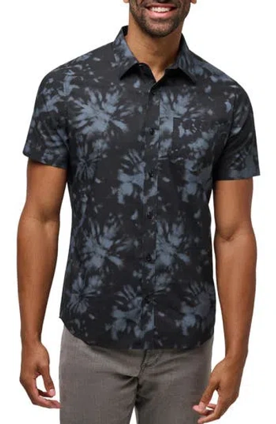 Travismathew Warmer Tides Tie Dye Short Sleeve Stretch Button-up Shirt In Black