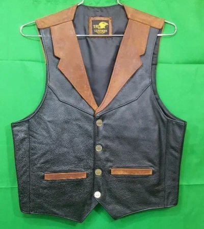 Pre-owned Trd Leather All American Hand Made Two Tone Western Leather Vest With Buffalo Nickel Snaps In Multicolor
