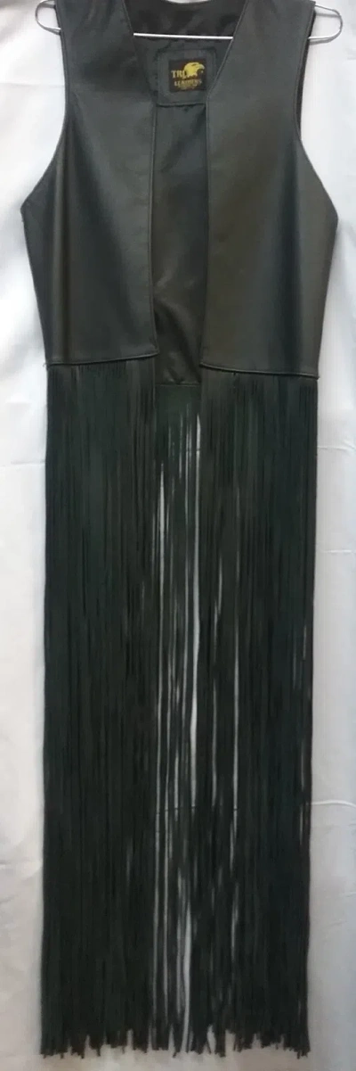 Pre-owned Trd Leather Ladies Classic Black Long Fringe Leather Vest