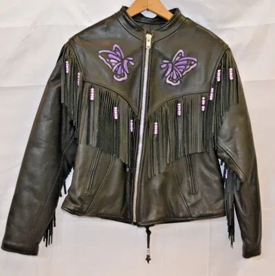 Pre-owned Trd Leather Ladies Handmade Leather Butterfly Jacket With Fringe In Black