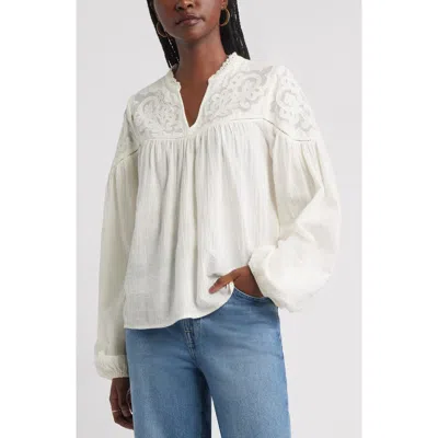Treasure & Bond Appliqué Yoke Balloon Sleeve Cotton Top In White