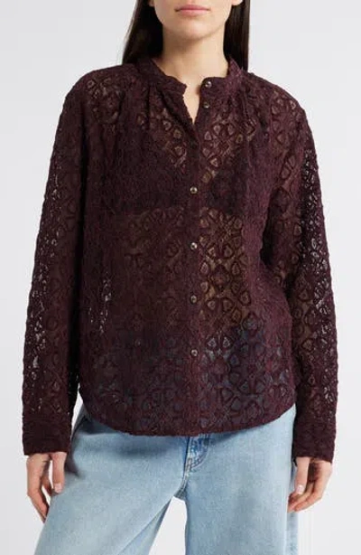Treasure & Bond Band Collar Lace Button-up Shirt In Burgundy Fudge