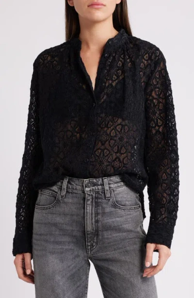 Treasure & Bond Band Collar Lace Button-up Shirt In Black