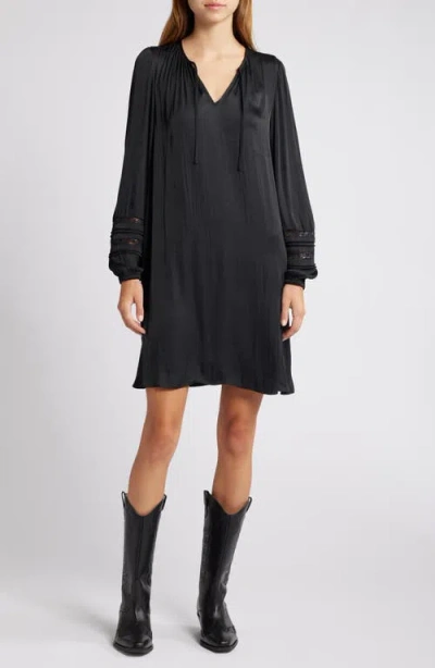 Treasure & Bond Boho Long Sleeve Hammered Satin Tunic Dress In Black