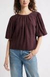 Treasure & Bond Bubble Sleeve Cotton Dobby Top In Burgundy
