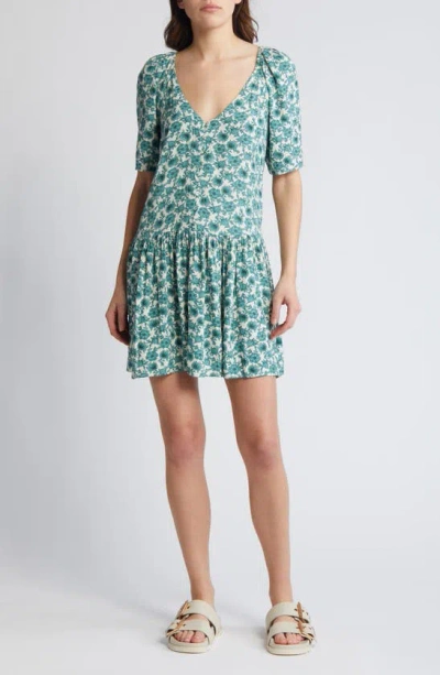 Treasure & Bond Button-up Drop Waist Minidress In Ivory- Green Celia Floral