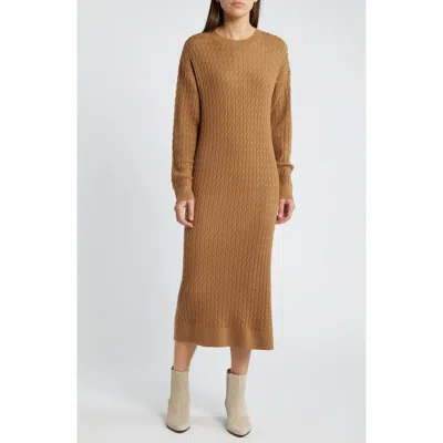 Treasure & Bond Cable Stitch Long Sleeve Midi Sweater Dress In Brown Bear