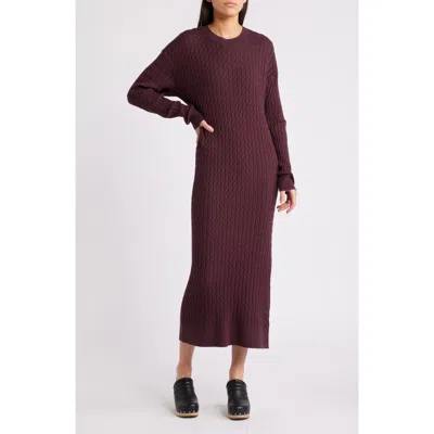 Treasure & Bond Cable Stitch Long Sleeve Midi Sweater Dress In Burgundy Fudge