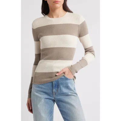 Treasure & Bond Crewneck Cotton Blend Rib Sweater In Ivory Grey Chia Rugby Stripe