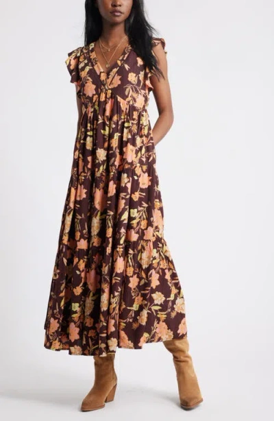 Treasure & Bond Crinkle Finish Flutter Sleeve Maxi Dress In Brown