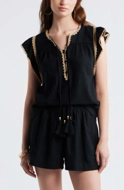 Treasure & Bond Crochet Trim Linen Blend Top In Black