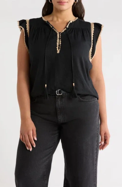 Treasure & Bond Crochet Trim Linen Blend Top In Black
