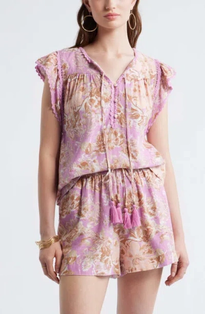 Treasure & Bond Crochet Trim Linen Blend Top In Multi
