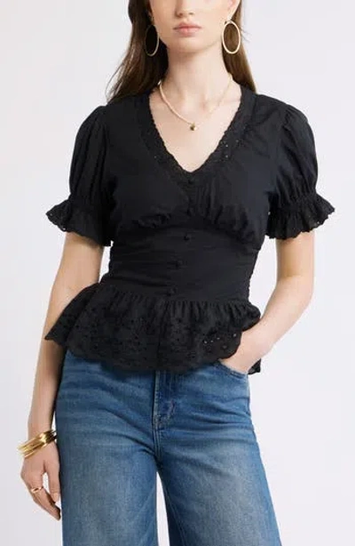 Treasure & Bond Cutwork Peplum Top In Black