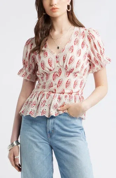 Treasure & Bond Cutwork Peplum Top In Neutral
