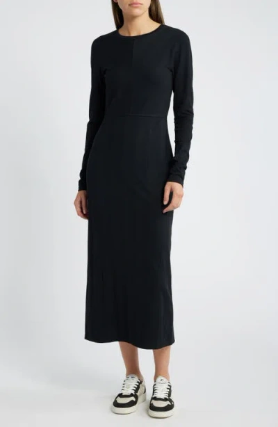Treasure & Bond Directional Rib Long Sleeve Cotton Blend Knit Dress In Black