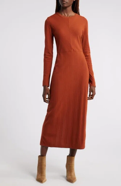 Treasure & Bond Directional Rib Long Sleeve Cotton Blend Knit Dress In Rust Hills